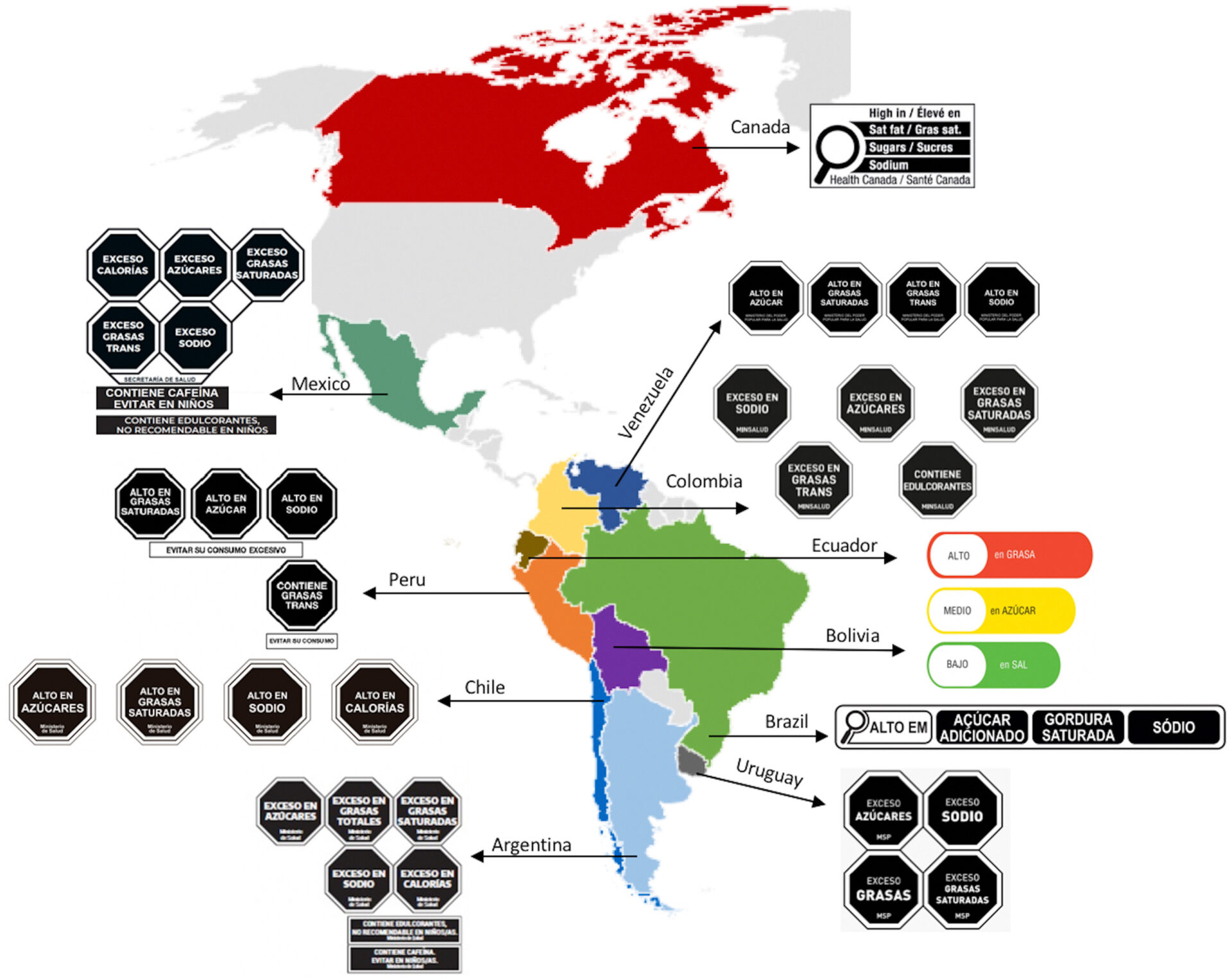 mapa-amro-coutries-with-fop países do continente americano que possuem rotulagem frontal em alimentos
